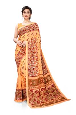 Orange printed georgette saree with blouse 1