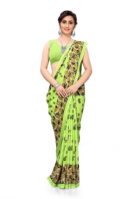 Light green printed georgette saree with blouse 5