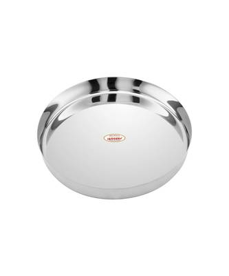 JAGGERY  Stainless Steel Mirror Finished Deep Wall Lunch/Dinner Plate Traditional Bhojan Thali ,Dia -27cm,Pack of 2 1