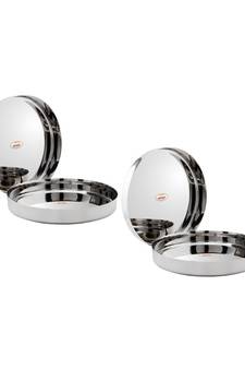 JAGGERY  Stainless Steel Mirror Finished Deep Wall Lunch/Dinner Plate Traditional Bhojan Thali Dia -27cm,Pack of 4