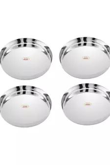 JAGGERY  Stainless Steel Mirror Finished Deep Wall Lunch/Dinner Plate Traditional Bhojan Thali Dia -27cm,Pack of 4