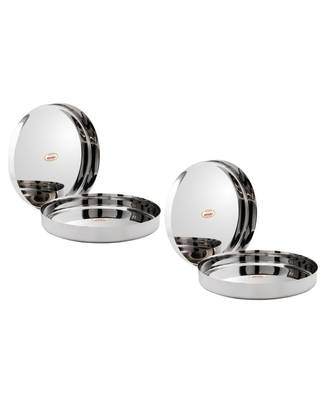 JAGGERY  Stainless Steel Mirror Finished Deep Wall Lunch/Dinner Plate Traditional Bhojan Thali, Dia -30cm,Pack of 4 1