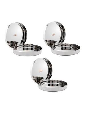 JAGGERY  Stainless Steel Mirror Finished Deep Wall Lunch/Dinner Plate Traditional Bhojan Thali  Pack of 6 Dia 30cm 1