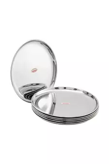 JAGGERY Stainless Steel Mirror Finish Full Dinner Plate,Thali ,Lunch Plate Set of 6 (Dia-26cm,approx-10.3inch)