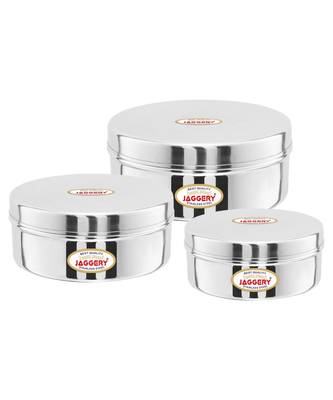 JAGGERY  Steel Container Useful as Tiffin or Lunch Pack /Steel Puri Dabba Set Of 3pcs Capacity  210ml 300ml 450ml 1