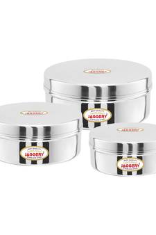 JAGGERY  Steel Container Useful as Tiffin or Lunch Pack /Steel Puri Dabba Set Of 3pcs Capacity  210ml 300ml 450ml