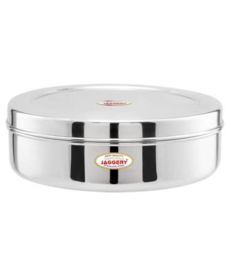JAGGERY  Steel Heavy Mirror Finished Papad Dabba/Multi Purpose Container Dia  26cm Height  9cm Capacity  2500ml 1