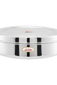 JAGGERY  Steel Heavy Mirror Finished Papad Dabba/Multi Purpose Container Dia  26cm Height  9cm Capacity  2500ml