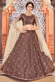 Deep maroon Metallic Foil Printed taffeta-silk semi stitched lehenga