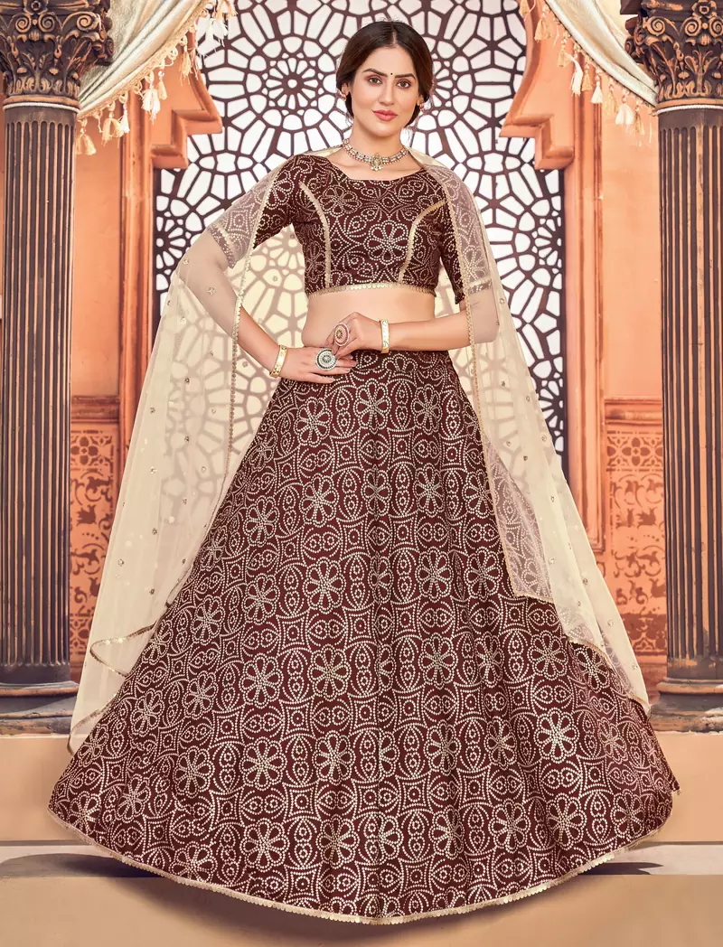 Deep maroon Metallic Foil Printed taffeta-silk semi stitched lehenga