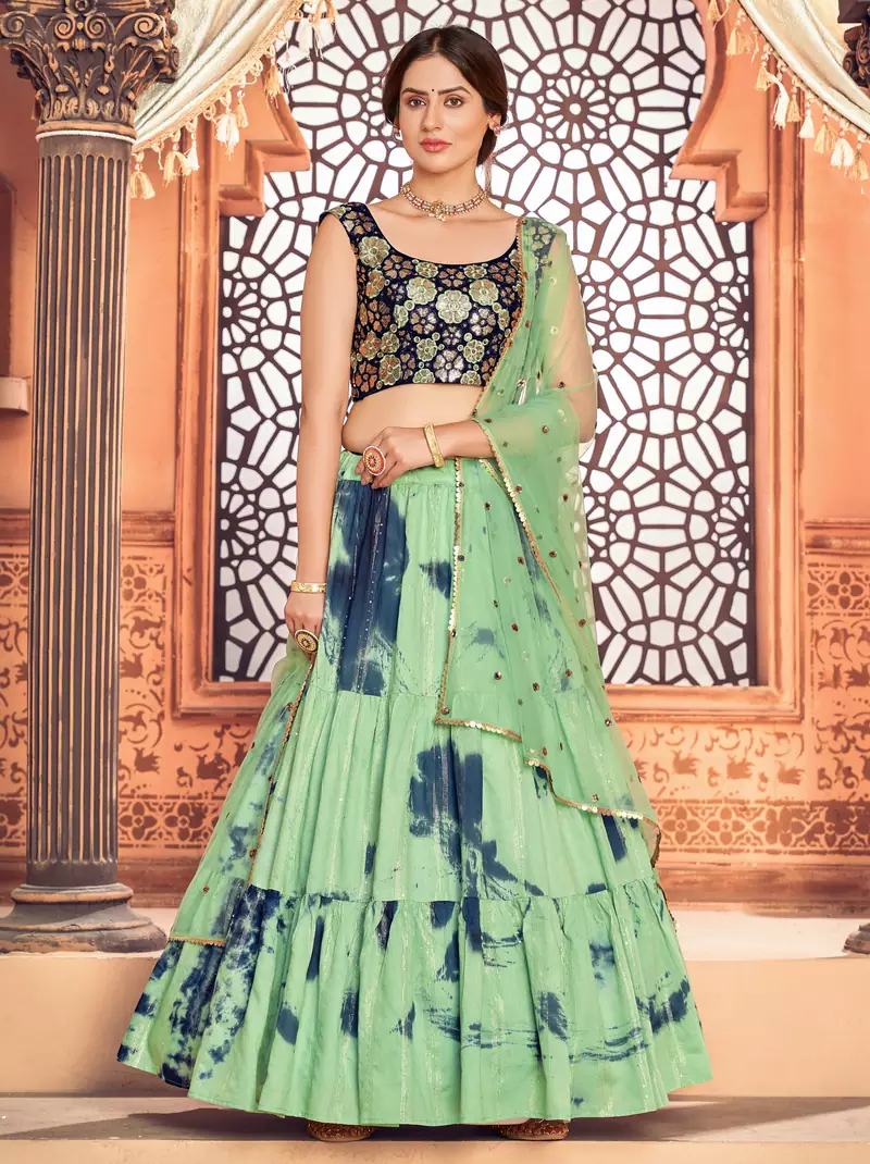 Pista Green shibori printed with sequins cotton semi stitched lehenga