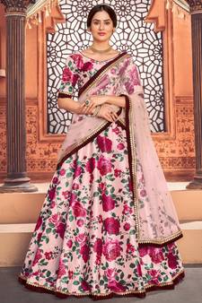 Peach floral printed taffeta semi stitched lehenga