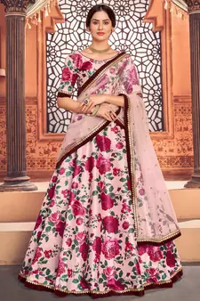 Peach floral printed taffeta semi stitched lehenga