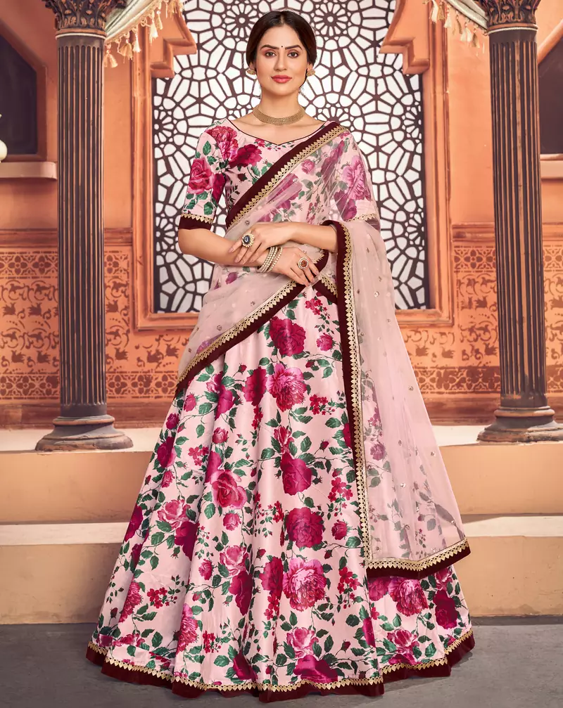 Peach floral printed taffeta semi stitched lehenga