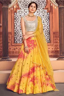 Yellow shibori printed with sequins cotton semi stitched lehenga