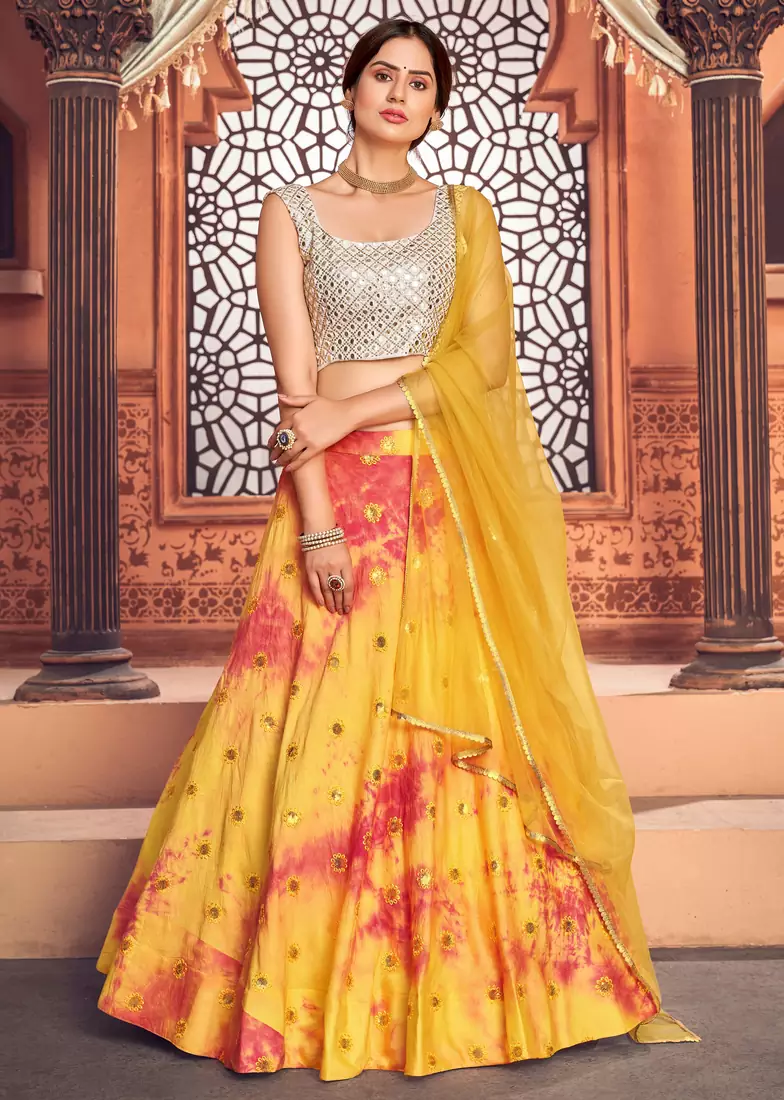 Yellow shibori printed with sequins cotton semi stitched lehenga