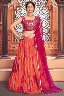 Orange shibori printed with sequins cotton semi stitched lehenga