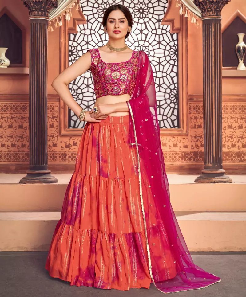 Orange shibori printed with sequins cotton semi stitched lehenga
