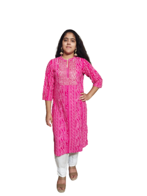 Pink Bandhani Kurti With Beautiful Embroidery & Sitara Work 1