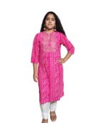 Pink Bandhani Kurti With Beautiful Embroidery & Sitara Work