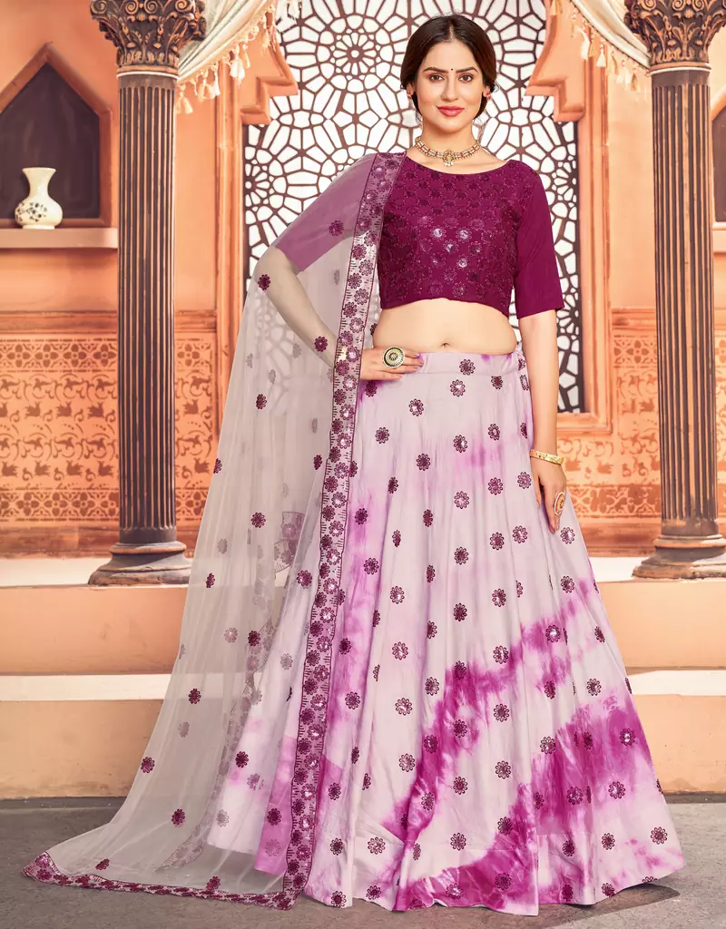 Purple Pink shibori Printed With Sequins cotton semi stitched lehenga