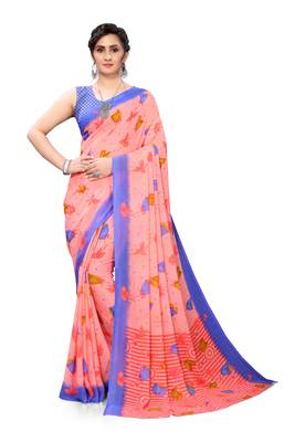 Peach printed georgette saree with blouse 1