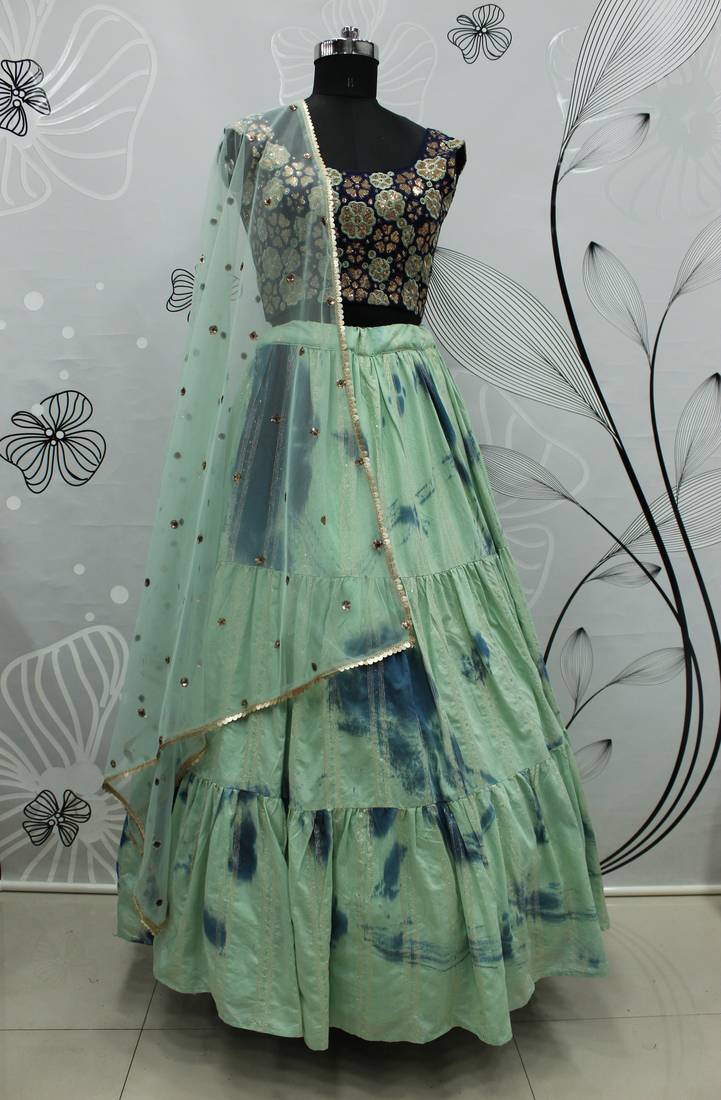 Pista Green shibori printed with sequins cotton semi stitched lehenga