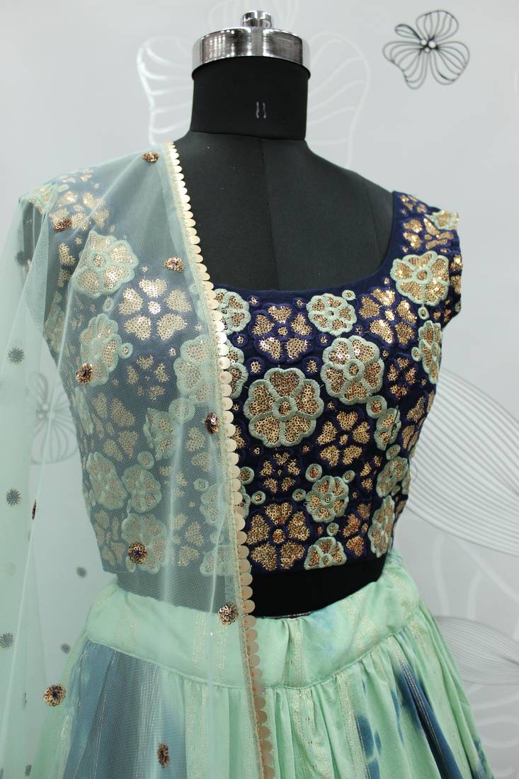 Pista Green shibori printed with sequins cotton semi stitched lehenga