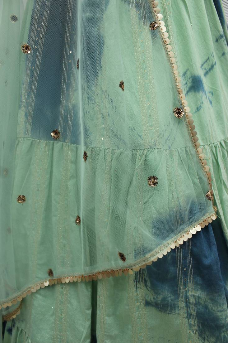 Pista Green shibori printed with sequins cotton semi stitched lehenga