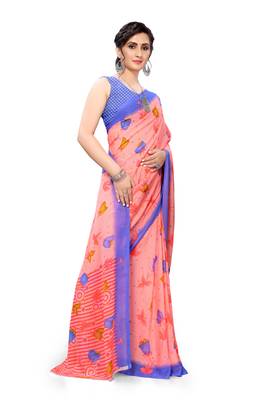 Peach printed georgette saree with blouse 5