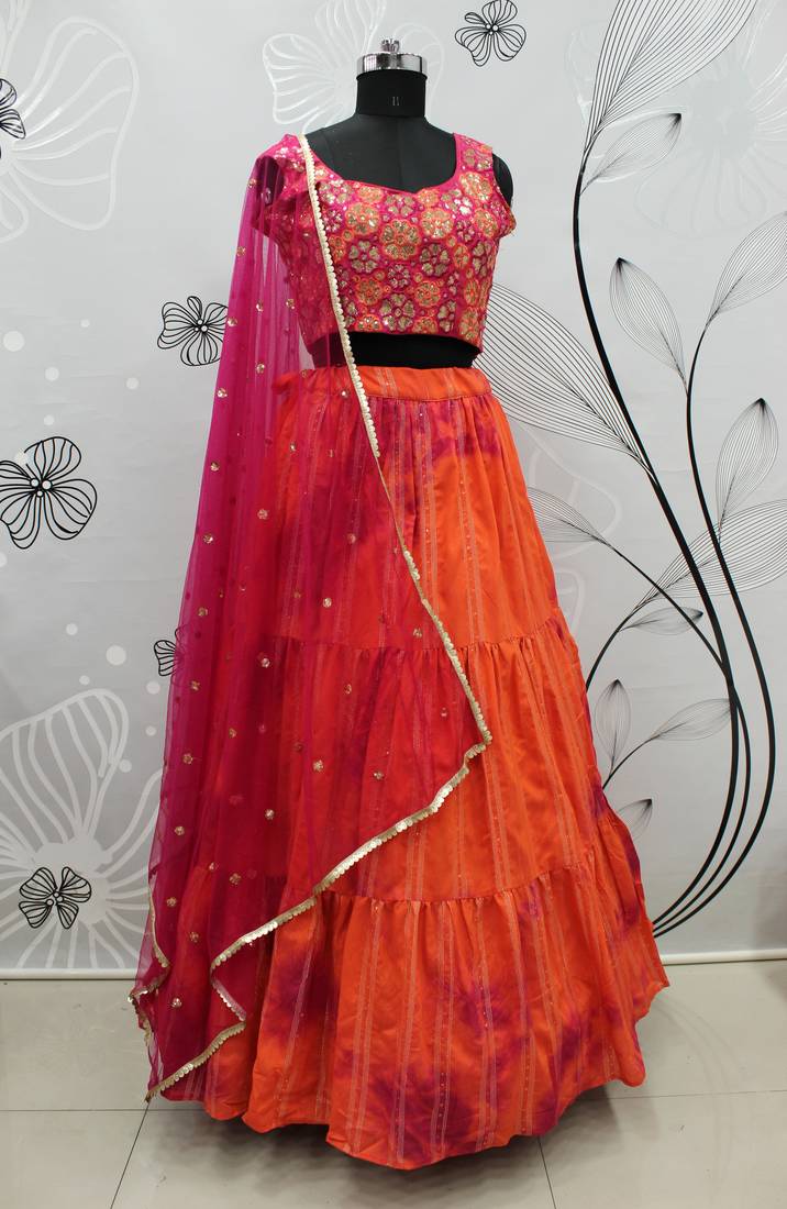 Orange shibori printed with sequins cotton semi stitched lehenga