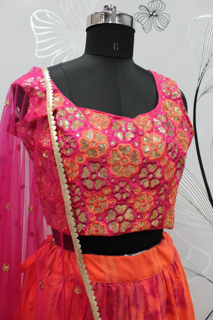 Orange shibori printed with sequins cotton semi stitched lehenga