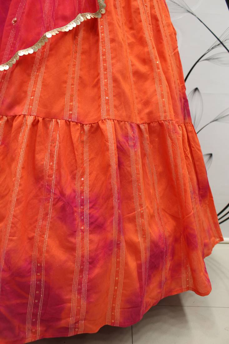 Orange shibori printed with sequins cotton semi stitched lehenga