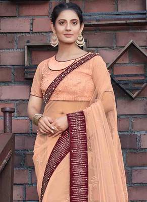 Peach embroidered net saree with blouse 2