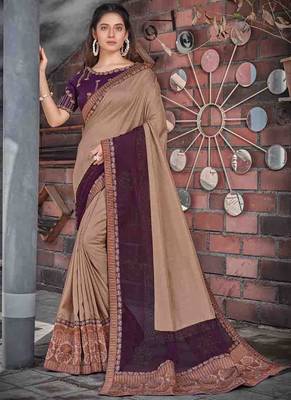 Beige embroidered tussar silk saree with blouse 1