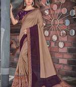 Beige embroidered tussar silk saree with blouse