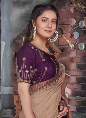 Beige embroidered tussar silk saree with blouse 2