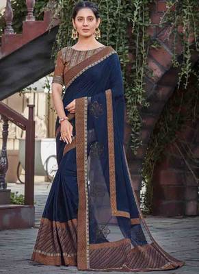Blue embroidered silk saree with blouse 1
