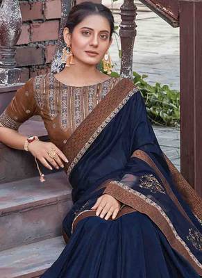 Blue embroidered silk saree with blouse 2