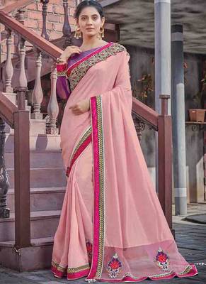 Pink embroidered georgette saree with blouse 1