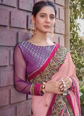 Pink embroidered georgette saree with blouse 2