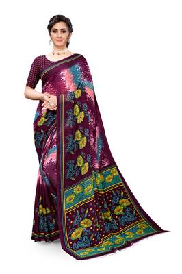 Dark purple printed georgette saree with blouse 1