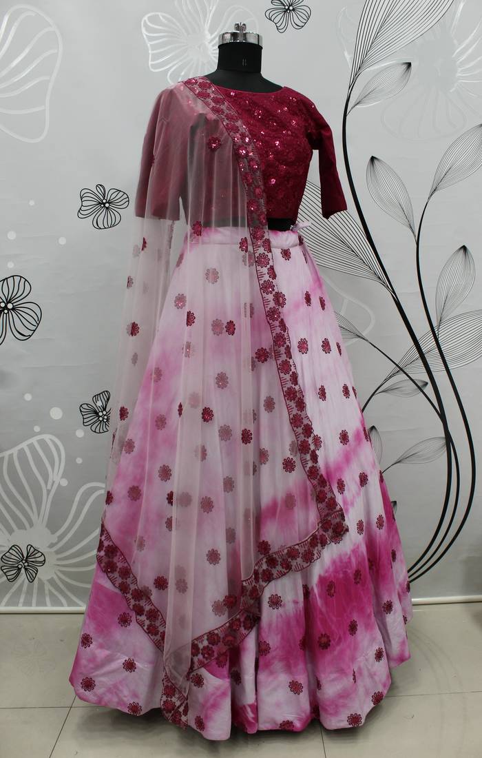 Purple Pink shibori Printed With Sequins cotton semi stitched lehenga
