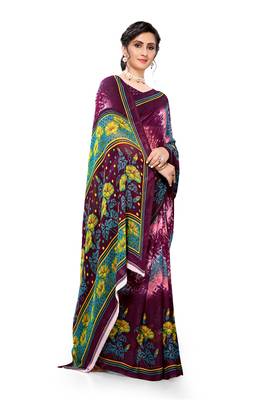 Dark purple printed georgette saree with blouse 5