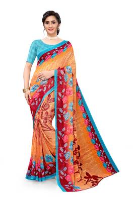 Orange printed georgette saree with blouse 1