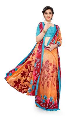 Orange printed georgette saree with blouse 4