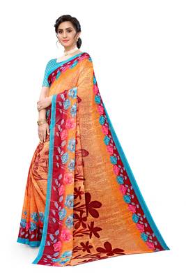Orange printed georgette saree with blouse 5