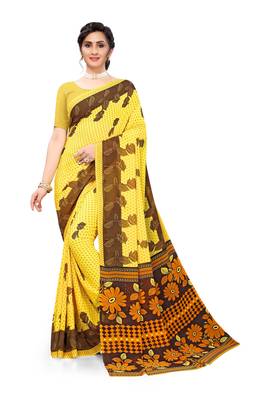 Yellow printed georgette saree with blouse 1