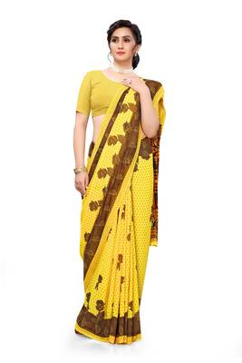 Yellow printed georgette saree with blouse 4