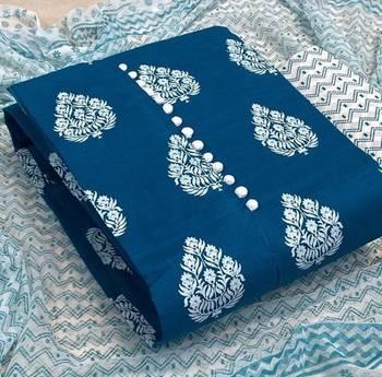 VredeVogel Teal blue Cotton slub printed Unstiched Dress Materials 1